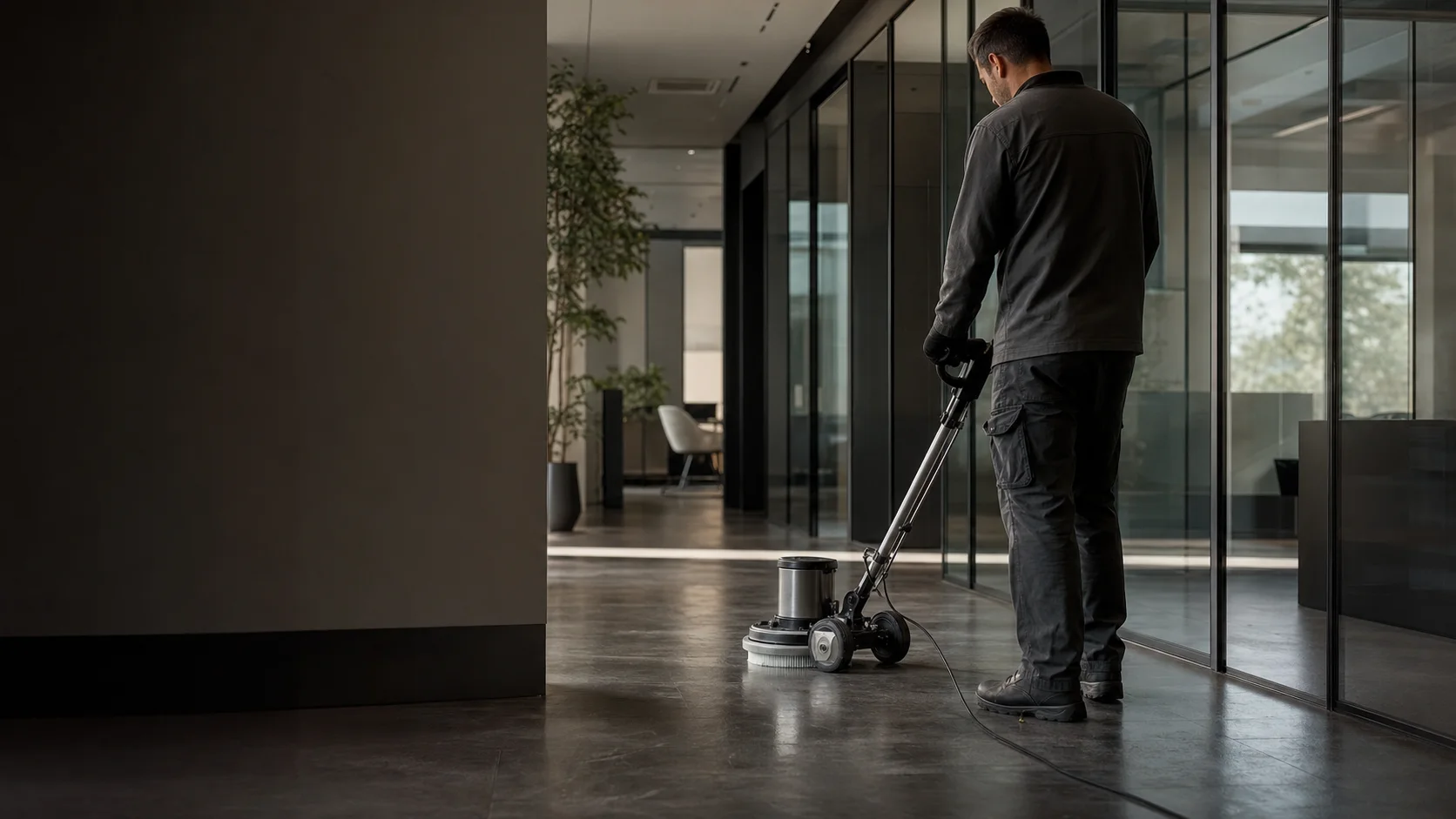 Agent K&L Nettoyage passant une monobrosse sur le sol d’un hall de bureaux